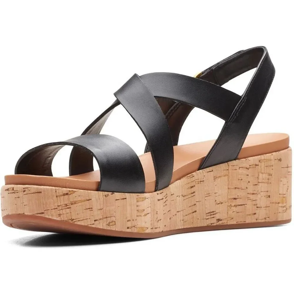 Clarks Black Leather Crisscross Cork Wedge Sandals